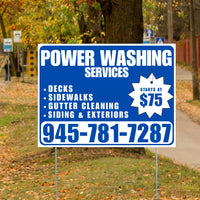 Power Washing - Decks, Sidewalks, Siding, Gutter Cleaning and Exteriors with Price Tag - Plain Blue White Design YardSigns.com