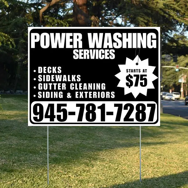 Power Washing - Decks, Sidewalks, Siding, Gutter Cleaning and Exteriors with Price Tag - Plain White Black Design YardSigns.com