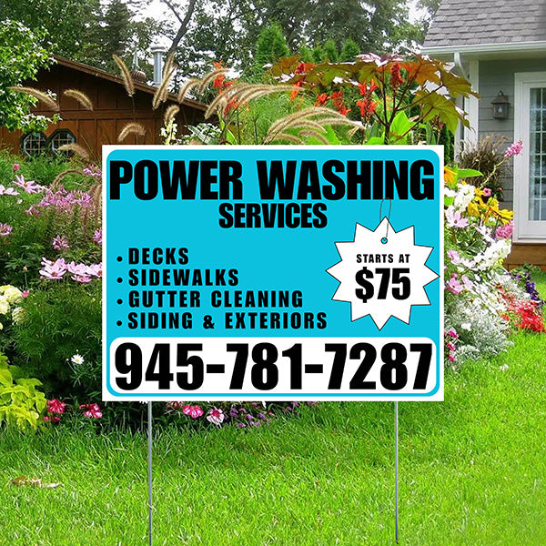 Power Washing - Decks, Sidewalks, Siding, Gutter Cleaning and Exteriors with Price Tag - Plain White Aqua Blue Design - YardSigns.com
