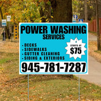 Power Washing - Decks, Sidewalks, Siding, Gutter Cleaning and Exteriors with Price Tag - Plain Aqua Blue White Design YardSigns.com