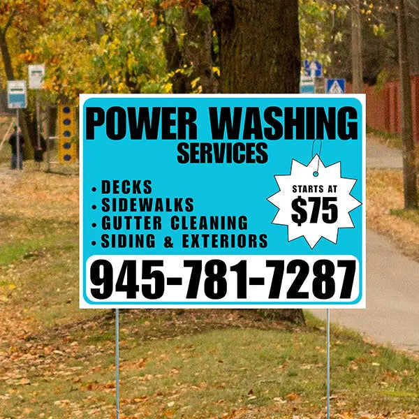 Power Washing - Decks, Sidewalks, Siding, Gutter Cleaning and Exteriors with Price Tag - Plain Aqua Blue White Design YardSigns.com