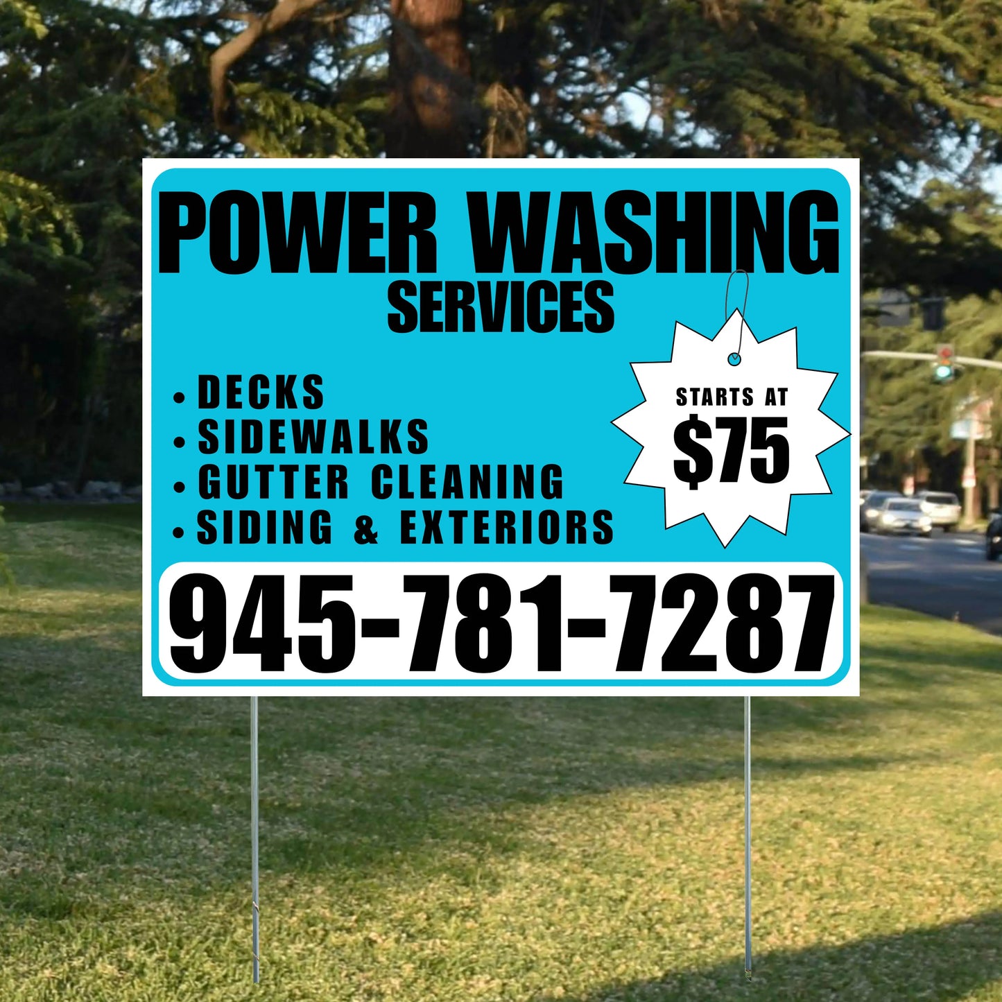 Power Washing - Decks, Sidewalks, Siding, Gutter Cleaning and Exteriors with Price Tag - Plain Aqua Blue White Design YardSigns.com