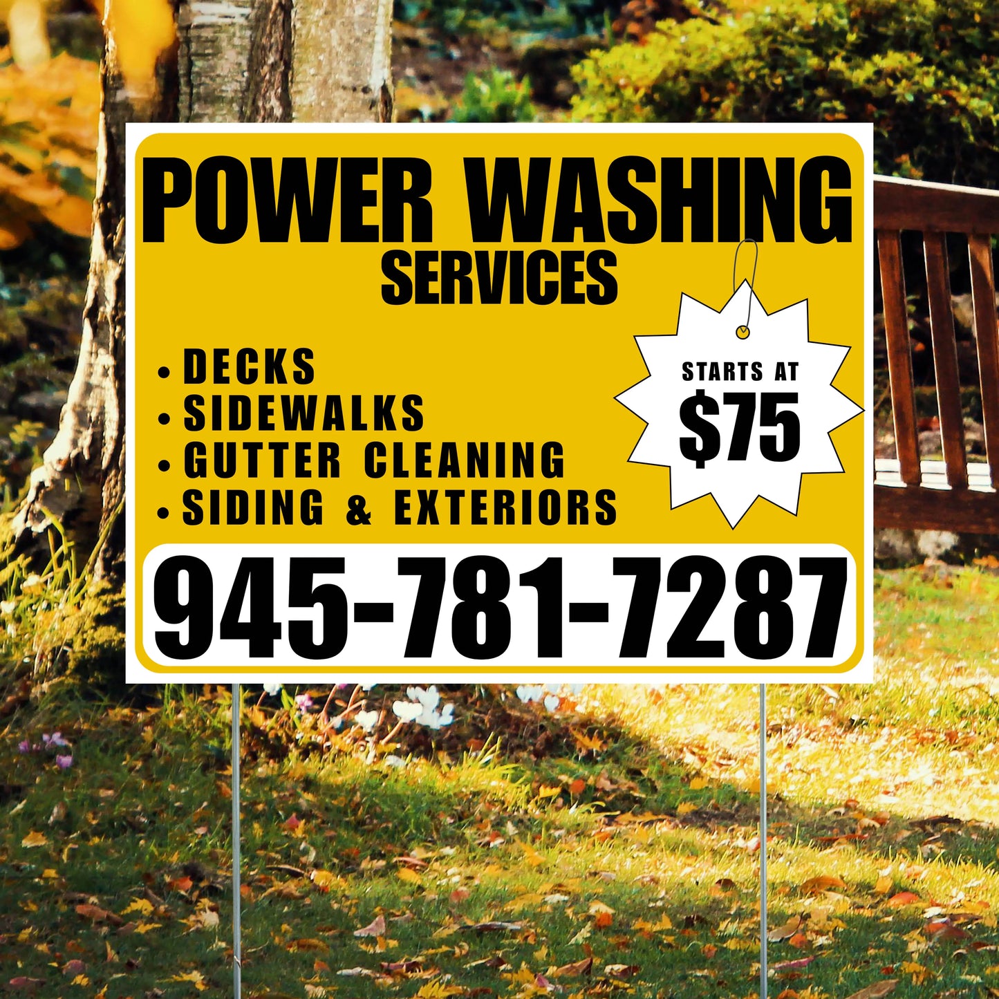 Power Washing - Decks, Sidewalks, Siding, Gutter Cleaning and Exteriors with Price Tag - Plain White Mustard Gold Design YardSigns.com
