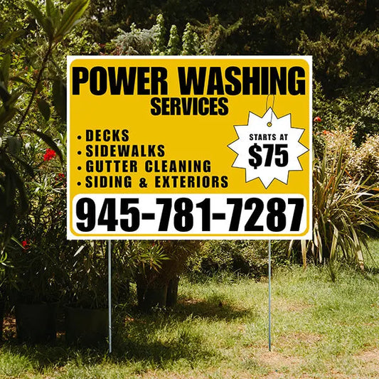 Power Washing - Decks, Sidewalks, Siding, Gutter Cleaning and Exteriors with Price Tag - Plain White Mustard Gold Design YardSigns.com