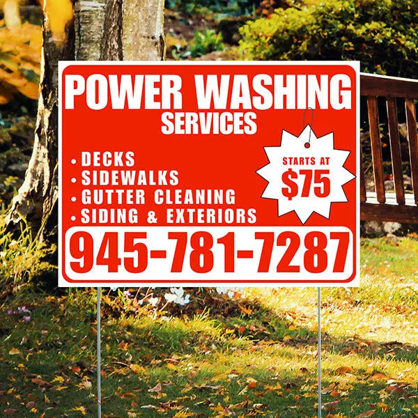 Power Washing - Decks, Sidewalks, Siding, Gutter Cleaning and Exteriors with Price Tag - Plain White Red Chili Design YardSigns.com