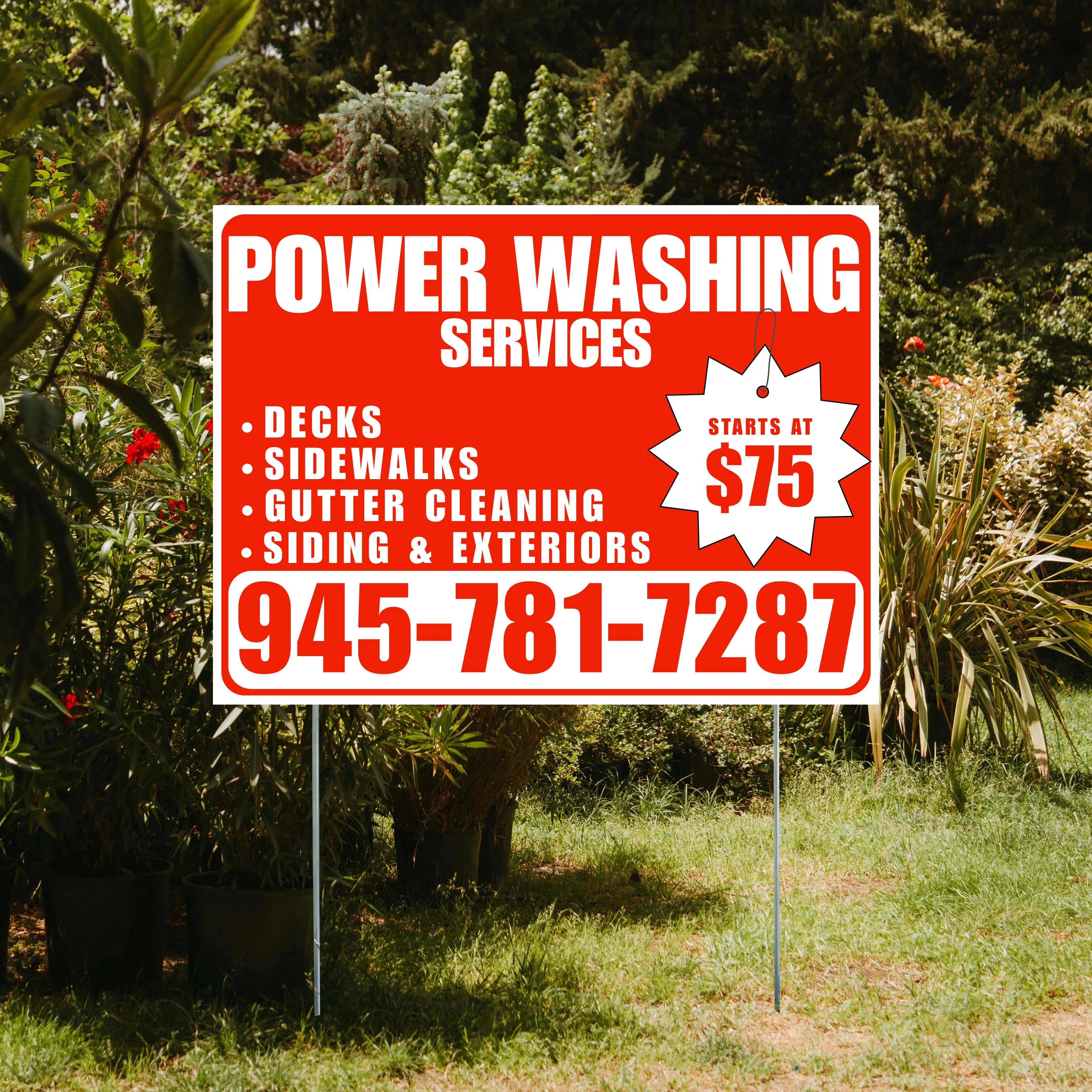 Power Washing - Decks, Sidewalks, Siding, Gutter Cleaning and Exteriors with Price Tag - Plain White Red Chili Design YardSigns.com
