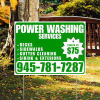 Power Washing - Decks, Sidewalks, Siding, Gutter Cleaning and Exteriors with Price Tag - Plain Green White Design YardSigns.com