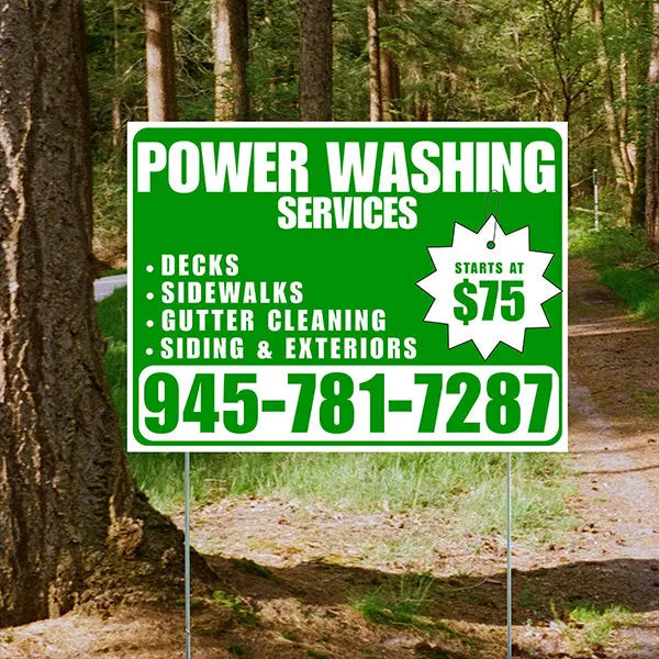 Power Washing - Decks, Sidewalks, Siding, Gutter Cleaning and Exteriors with Price Tag - Plain Green White Design YardSigns.com
