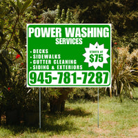 Power Washing - Decks, Sidewalks, Siding, Gutter Cleaning and Exteriors with Price Tag - Plain Green White Design YardSigns.com