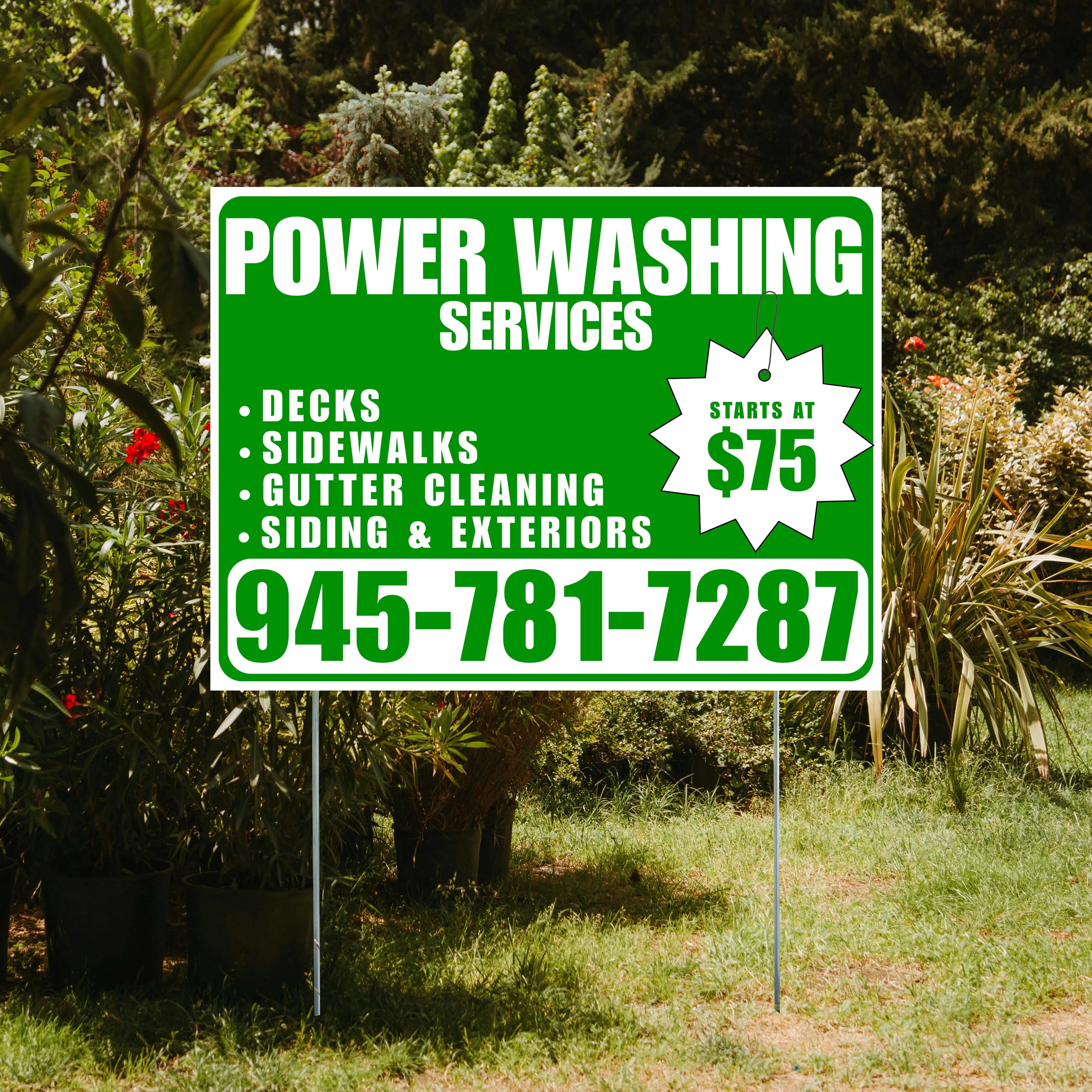 Power Washing - Decks, Sidewalks, Siding, Gutter Cleaning and Exteriors with Price Tag - Plain Green White Design YardSigns.com