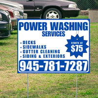 Power Washing - Decks, Sidewalks, Siding, Gutter Cleaning and Exteriors with Price Tag - Plain White Blue Design YardSigns.com