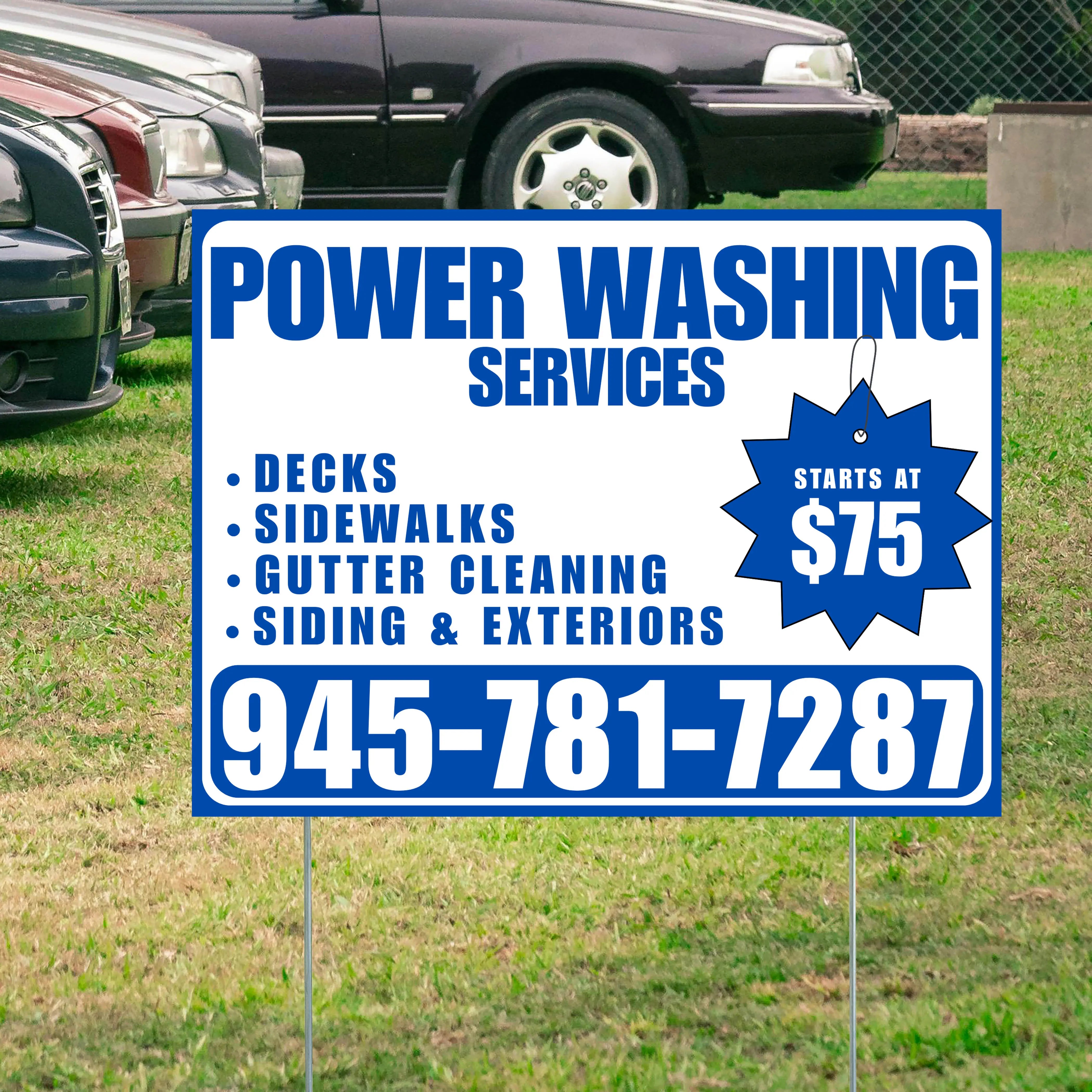 Power Washing - Decks, Sidewalks, Siding, Gutter Cleaning and Exteriors with Price Tag - Plain White Blue Design YardSigns.com