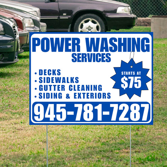Power Washing - Decks, Sidewalks, Siding, Gutter Cleaning and Exteriors with Price Tag - Plain White Blue Design