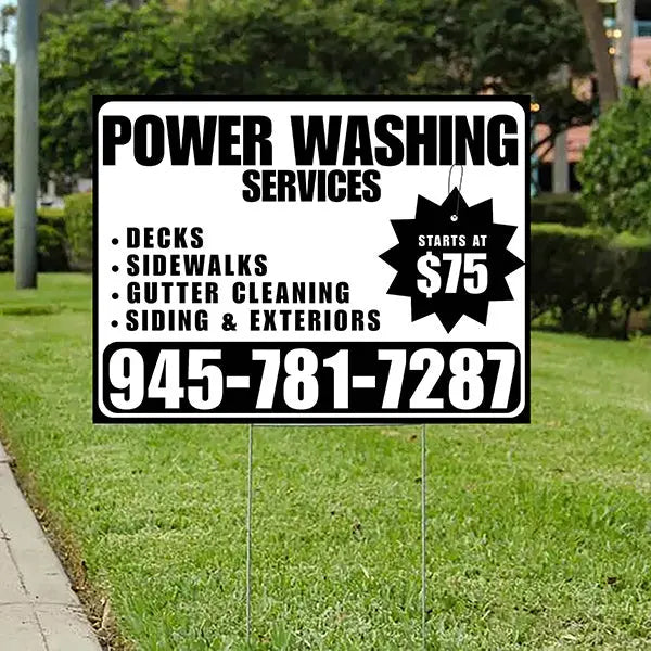 Power Washing - Decks, Sidewalks, Siding, Gutter Cleaning and Exteriors with Price Tag - Plain Black White Design YardSigns.com