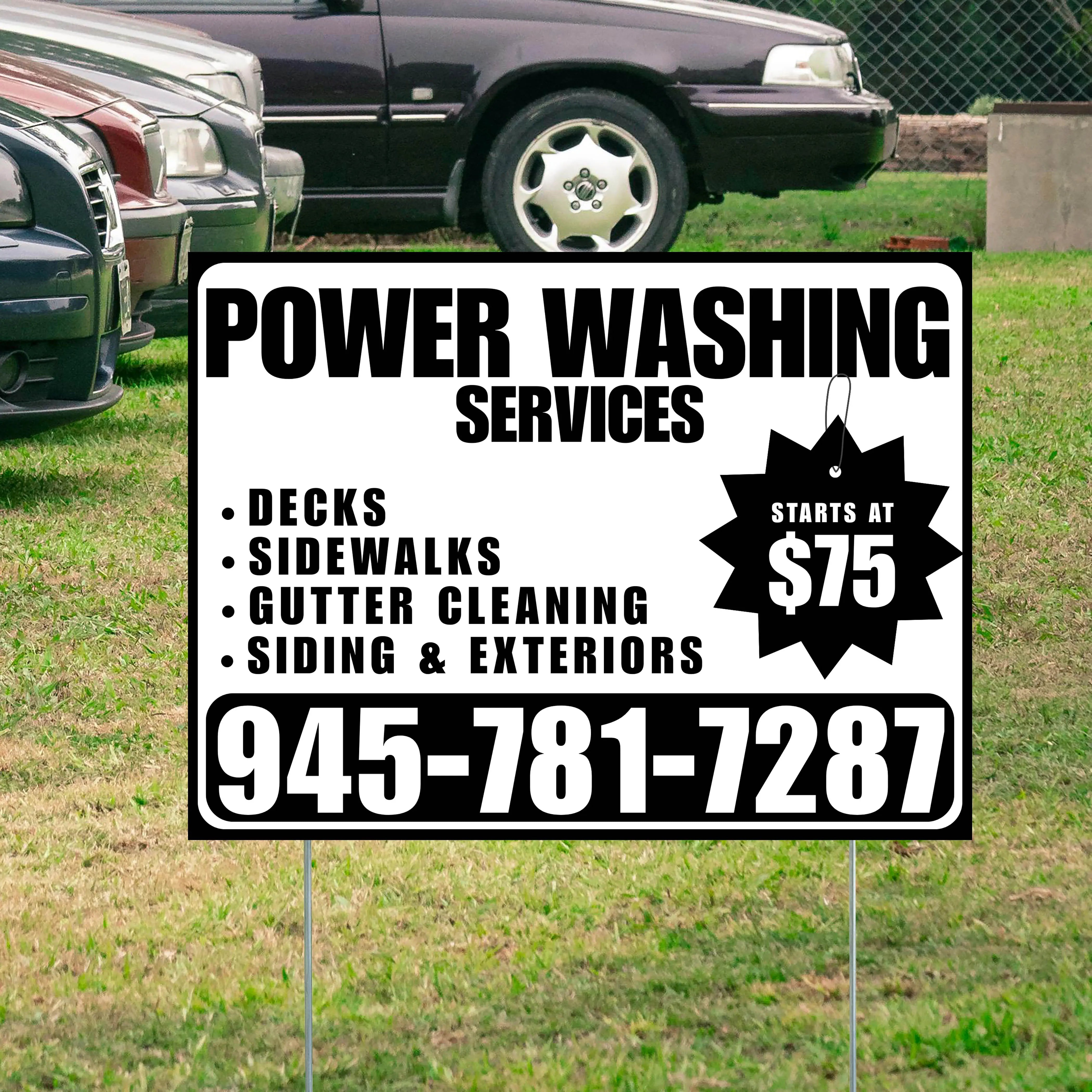 Power Washing - Decks, Sidewalks, Siding, Gutter Cleaning and Exteriors with Price Tag - Plain Black White Design YardSigns.com