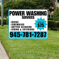 Power Washing - Decks, Sidewalks, Siding, Gutter Cleaning and Exteriors with Price Tag - Plain White Aqua Blue Design YardSigns.com