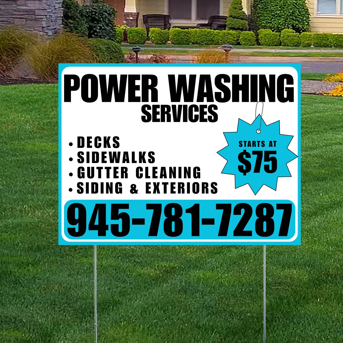 Power Washing - Decks, Sidewalks, Siding, Gutter Cleaning and Exteriors with Price Tag - Plain White Aqua Blue Design YardSigns.com