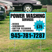 Power Washing - Decks, Sidewalks, Siding, Gutter Cleaning and Exteriors with Price Tag - Plain White Aqua Blue Design YardSigns.com