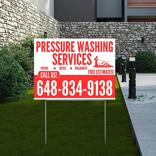 Pressure Washing - Plain White Red Design with Logo YardSigns.com