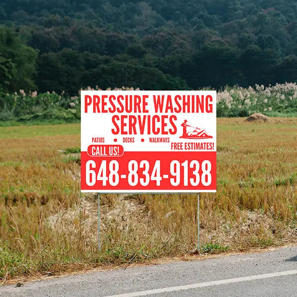 Pressure Washing - Plain White Red Design with Logo YardSigns.com