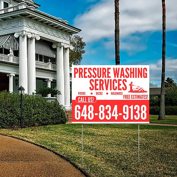 Pressure Washing - Plain White Red Design with Logo YardSigns.com
