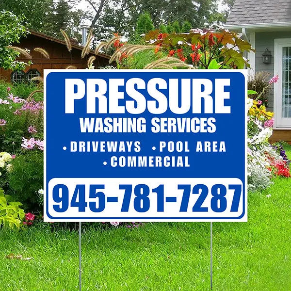 Pressure Washing - Driveways, Pool Area, Commercial - Plain White Blue Design YardSigns.com