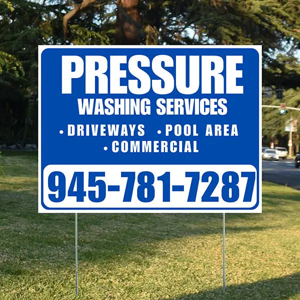 Pressure Washing - Driveways, Pool Area, Commercial - Plain White Blue Design YardSigns.com
