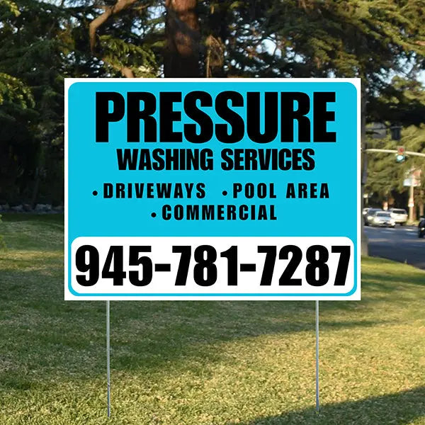 Pressure Washing - Driveways, Pool Area, Commercial - Plain White Aqua Blue Design YardSigns.com