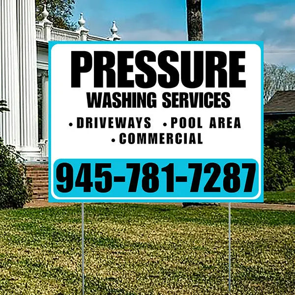 Pressure Washing - Driveways, Pool Area, Commercial - Plain Aqua Blue White Design YardSigns.com