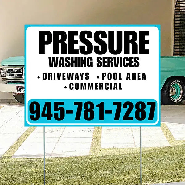 Pressure Washing - Driveways, Pool Area, Commercial - Plain Aqua Blue White Design YardSigns.com