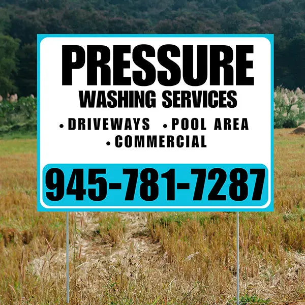 Pressure Washing - Driveways, Pool Area, Commercial - Plain Aqua Blue White Design YardSigns.com