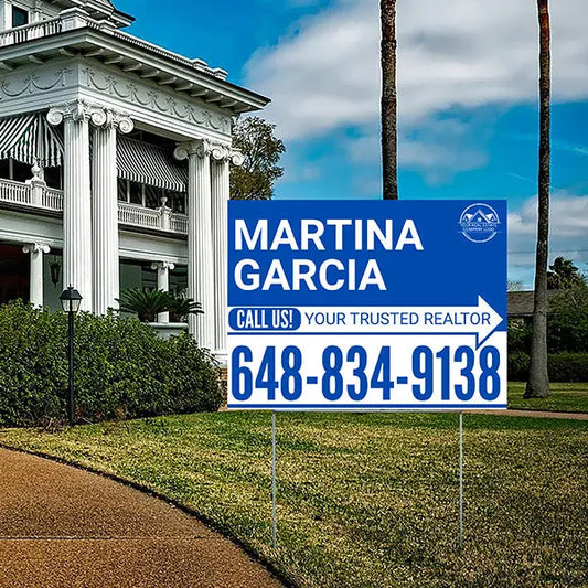 Realtor Yard Signs - Simple Blue White Right Arrow with Logo Design YardSigns.com