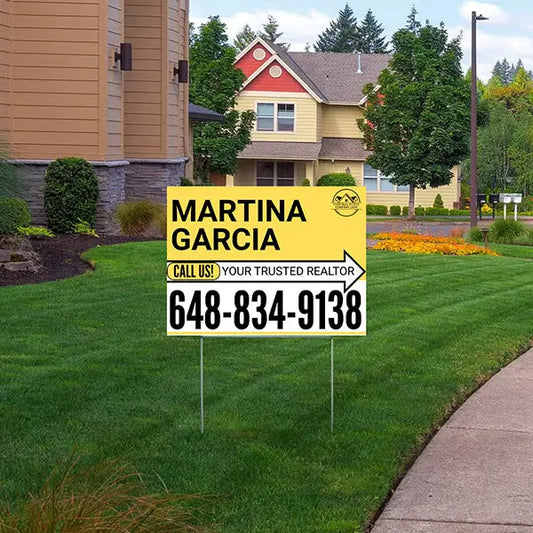 Realtor Yard Signs - Simple Mustard Yellow White Right Arrow with Logo Design YardSigns.com