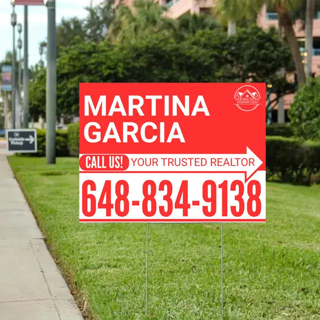 Realtor Yard Signs - Simple Red White Right Arrow with Logo Design YardSigns.com