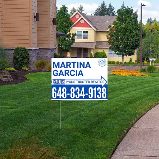 Realtor Yard Signs - Simple White Blue Right Arrow with Logo Design YardSigns.com