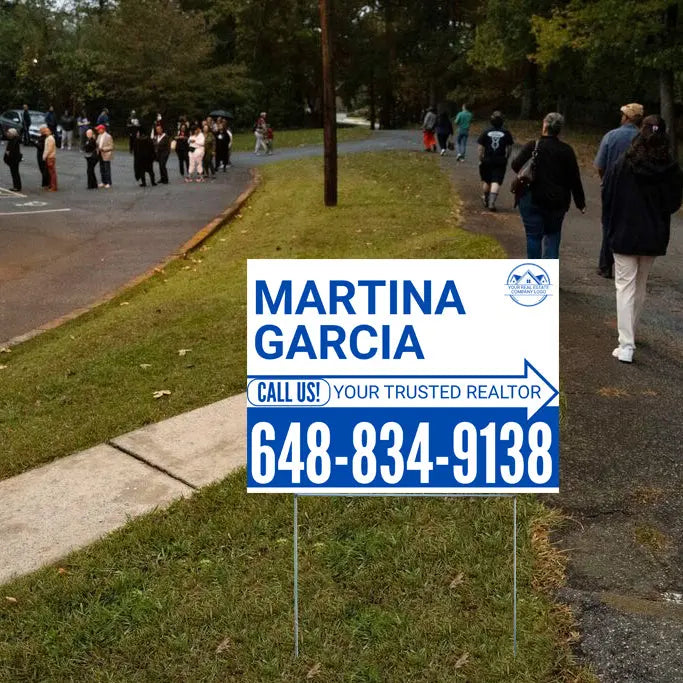 Realtor Yard Signs - Simple White Blue Right Arrow with Logo Design YardSigns.com