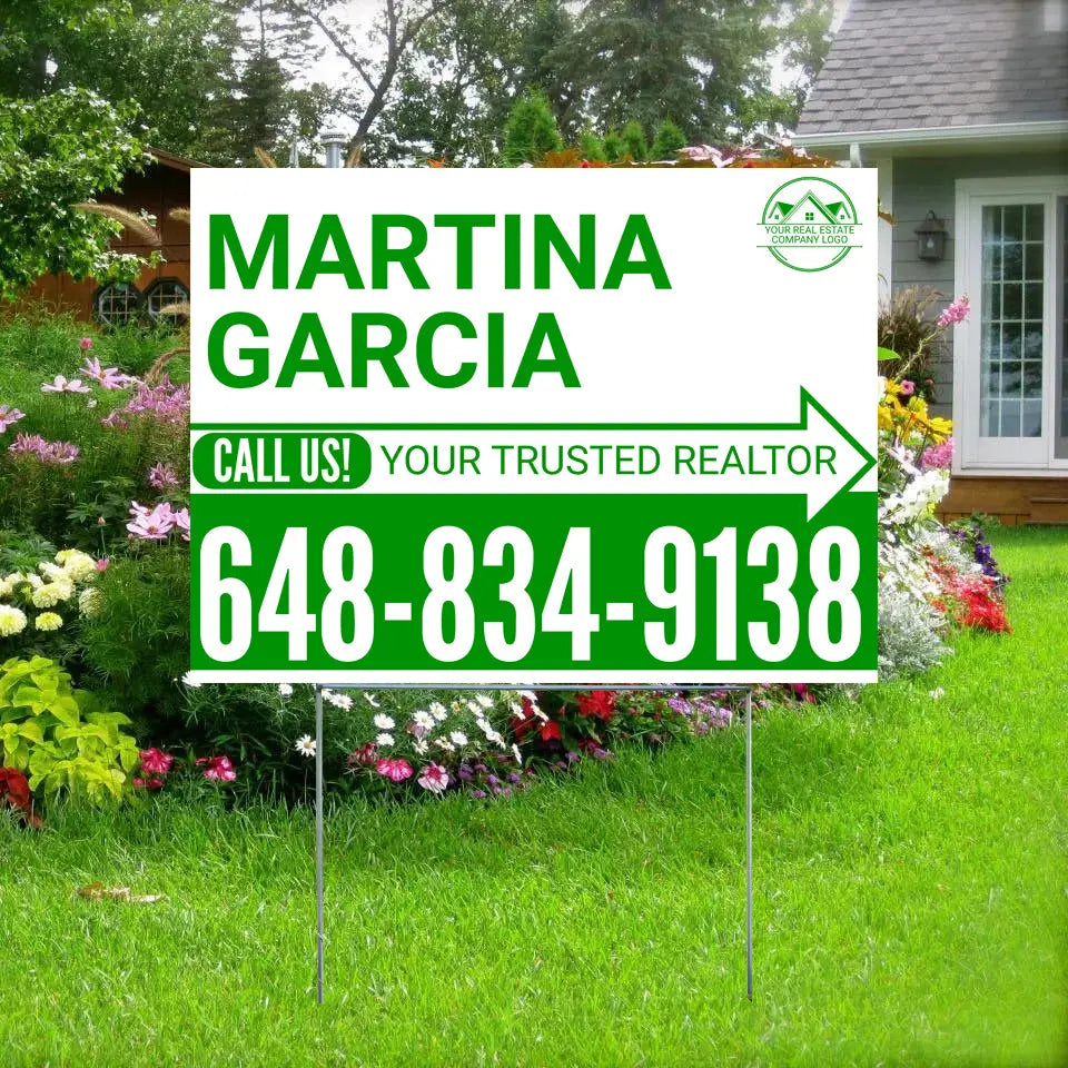 Realtor Yard Signs - Simple White Green Right Arrow with Logo Design YardSigns.com