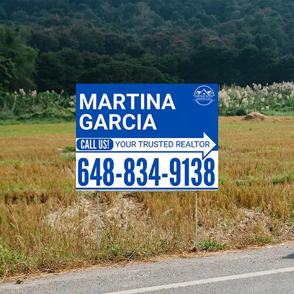 Realtor Yard Signs - Simple Blue White Right Arrow with Logo Design YardSigns.com