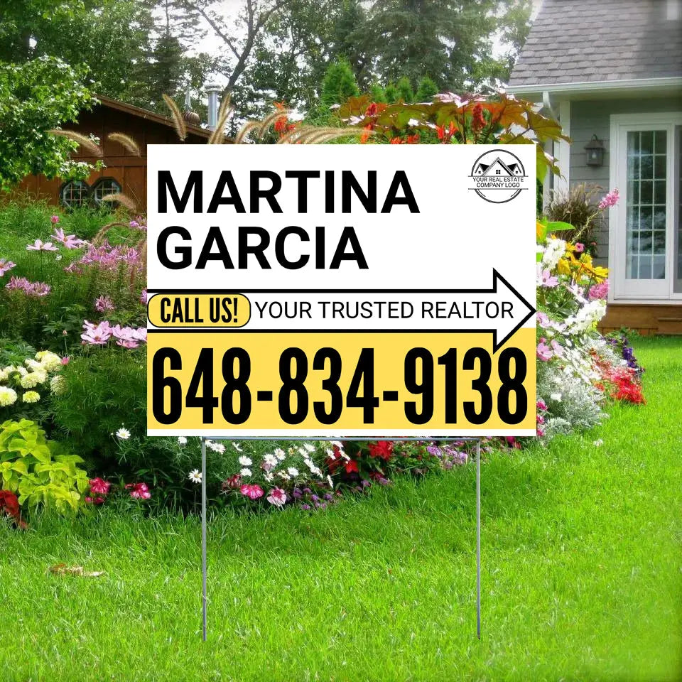 Realtor Yard Signs - Simple White Mustard Yellow Right Arrow with Logo Design YardSigns.com