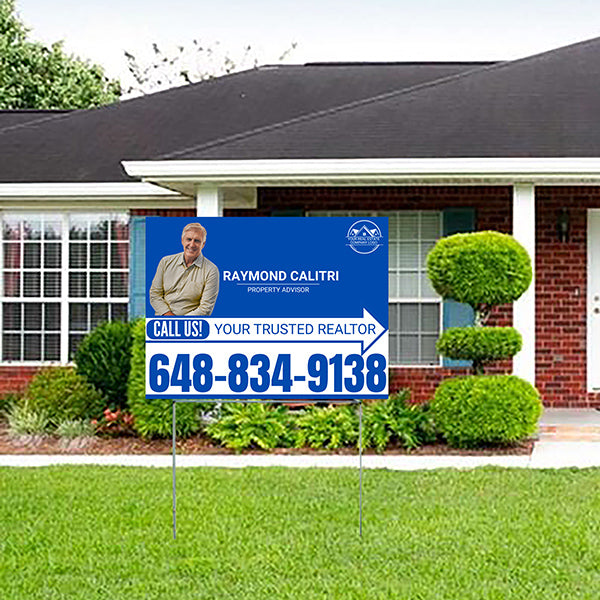 Realtor Yard Signs - Simple Blue White Right Arrow with Image and Logo Design - YardSigns.com