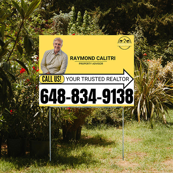 Realtor Yard Signs - Simple Mustard Yellow White Right Arrow with Image and Logo Design - YardSigns.com