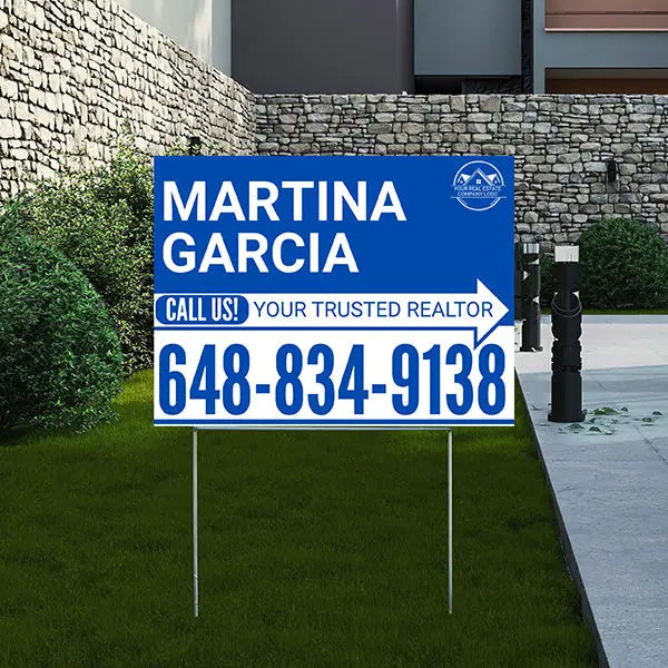 Realtor Yard Signs - Simple Blue White Right Arrow with Logo Design YardSigns.com