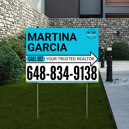 Realtor Yard Signs - Simple Aqua Blue White Right Arrow with Logo Design YardSigns.com