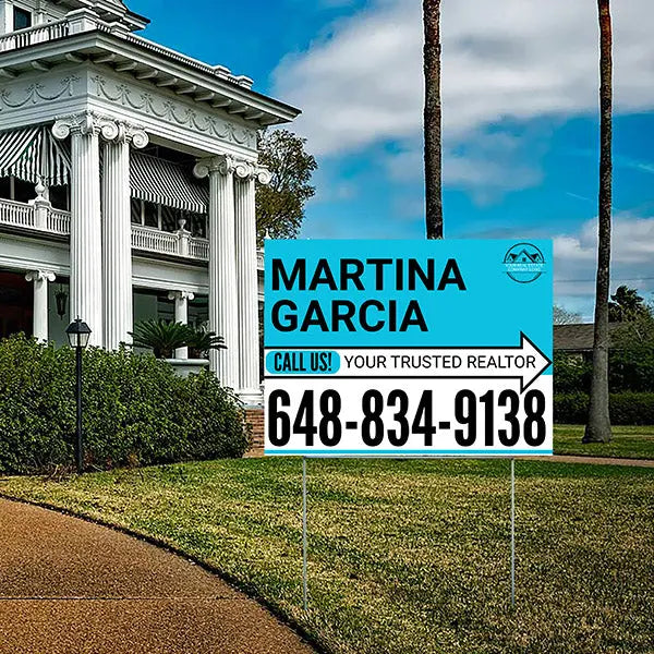 Realtor Yard Signs - Simple Aqua Blue White Right Arrow with Logo Design YardSigns.com