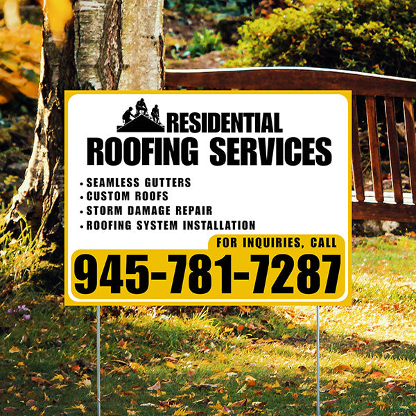 Roofers Signs - Seamless Gutters, Custom Roofs, Storm Damage Repair, Roofing System Installation - Plain Mustard Gold White Design - YardSigns.com