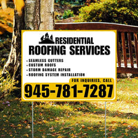 Roofers Signs - Seamless Gutters, Custom Roofs, Storm Damage Repair, Roofing System Installation - Plain White Mustard Gold Design YardSigns.com