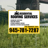 Roofers Signs - Seamless Gutters, Custom Roofs, Storm Damage Repair, Roofing System Installation - Plain White Mustard Gold Design YardSigns.com