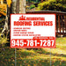 Residential roofing services sign with contact information in a garden setting