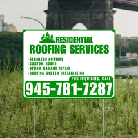 Roofers Signs - Seamless Gutters, Custom Roofs, Storm Damage Repair, Roofing System Installation - Plain White Green Design YardSigns.com
