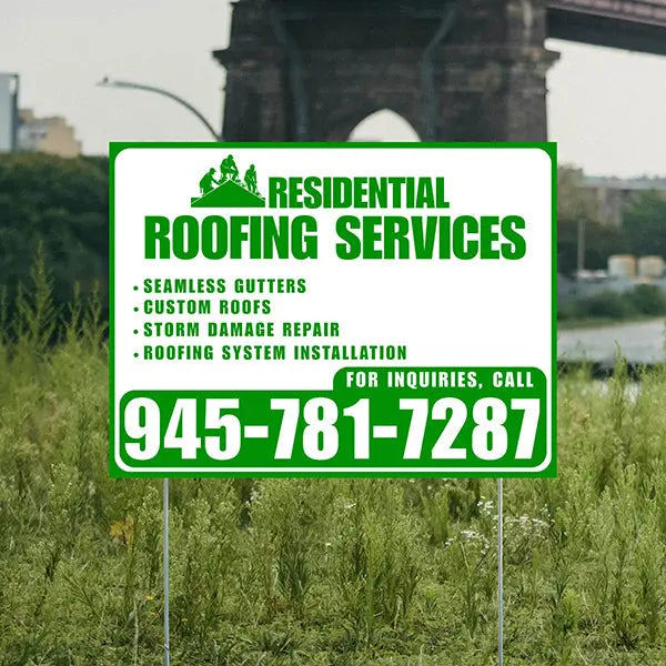 Roofers Signs - Seamless Gutters, Custom Roofs, Storm Damage Repair, Roofing System Installation - Plain White Green Design YardSigns.com